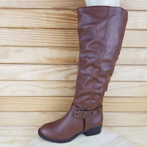 Apt 9 Knee High IRENE Fashion Boots Brown Cognac Faux Leather 1/4 Zip Women's 7W - Picture 7 of 12